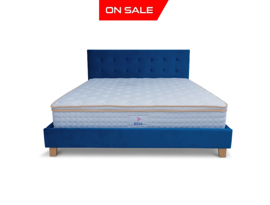 Prestige Bed Frame Velvet Navy Blue + Bliss Euro Top Pocket Spring Mattress