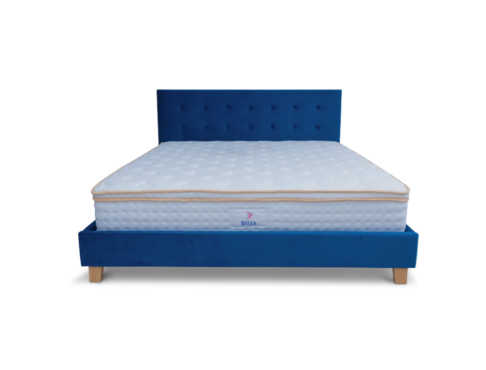 Prestige Bed Frame Velvet Navy Blue + Bliss Euro Top Pocket Spring Mattress