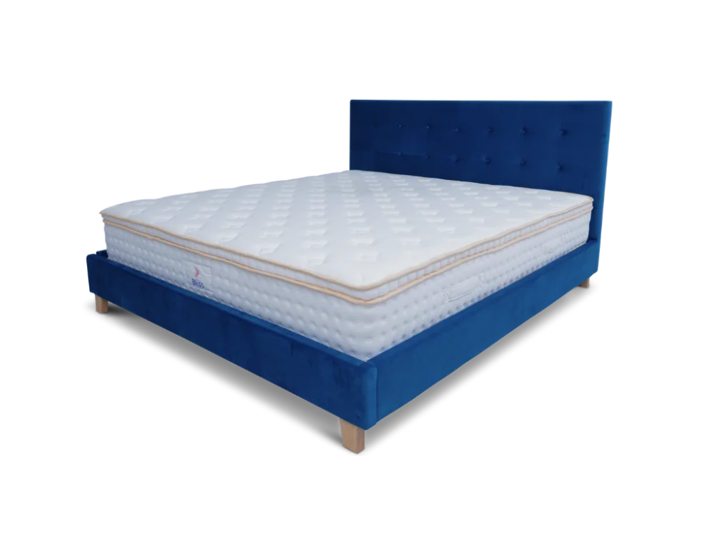 Prestige Bed Frame Velvet Navy Blue + Bliss Euro Top Pocket Spring Mattress