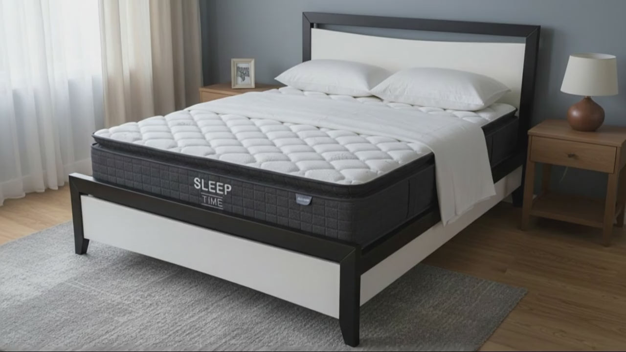 Maverick Bed Frame (Black/White) + SleepTime Medium Mattress Queen