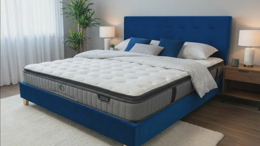 Prestige Bed Frame Velvet Navy Blue + Sleepmax Pocket Pillow Top Mattress - alternate view