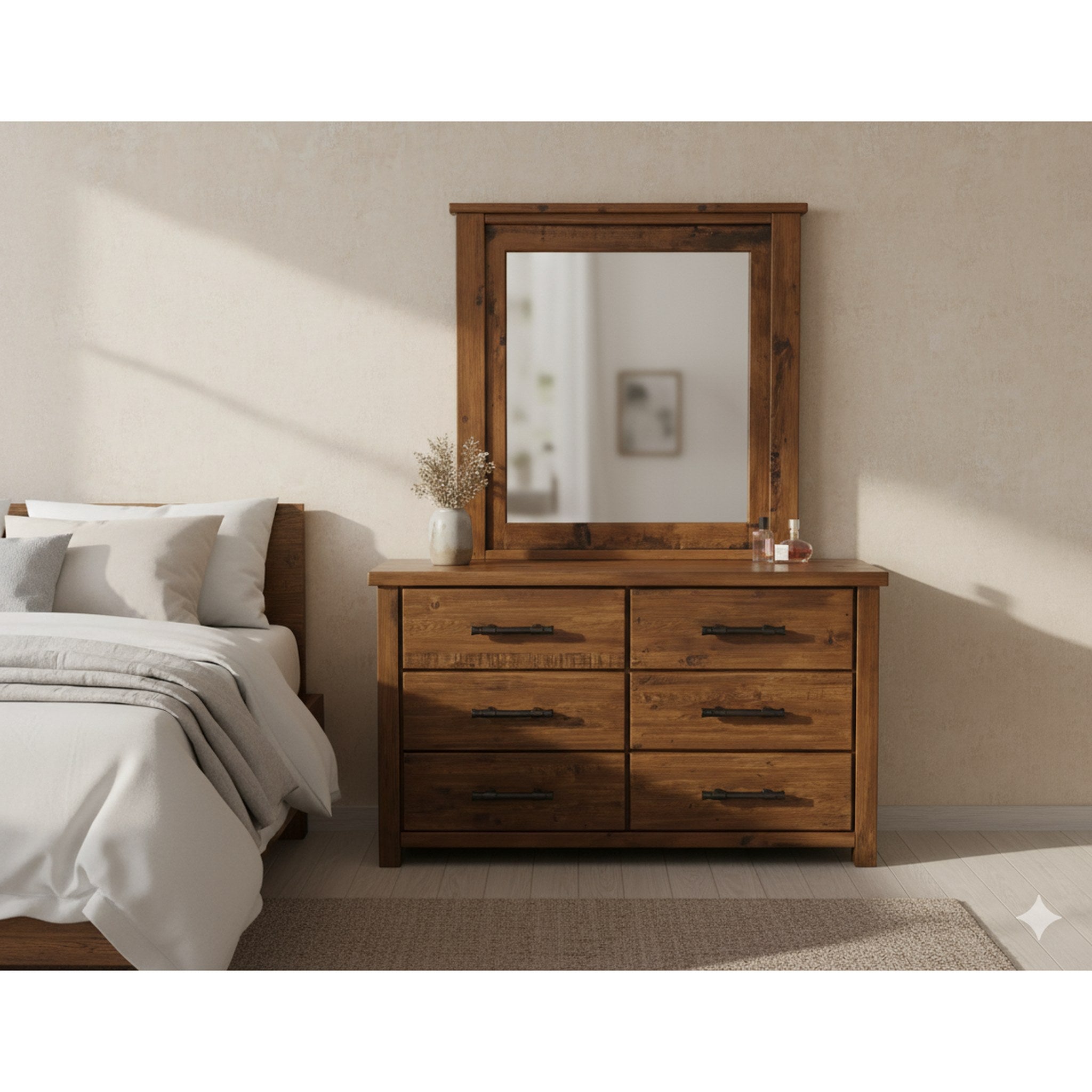 Oakwood 6 Drw Dresser / Mirror - Side View | Furniture World NZ