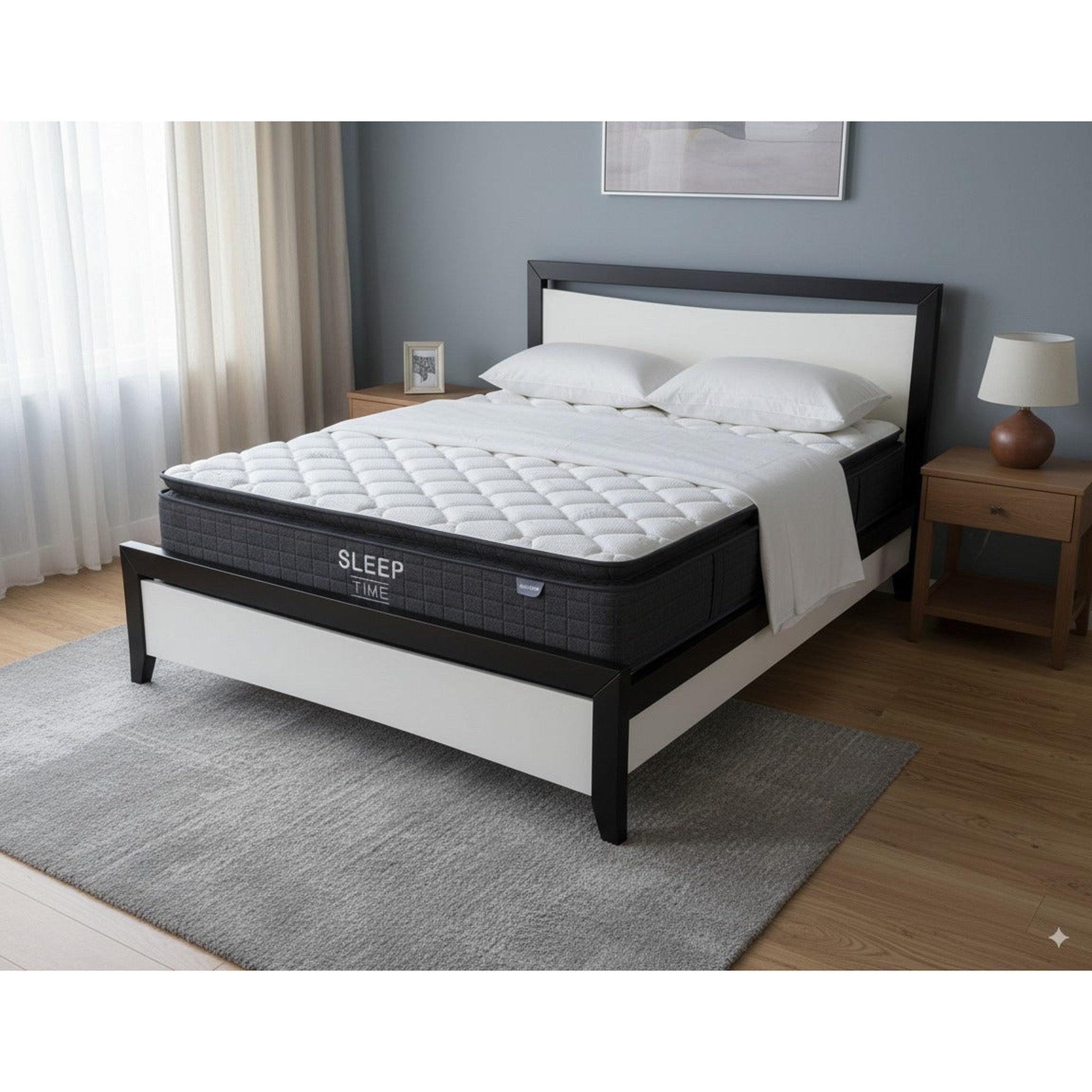 Maverick Bed Frame (Black/White) + SleepTime Medium Mattress Queen - Side View | Furniture World NZ