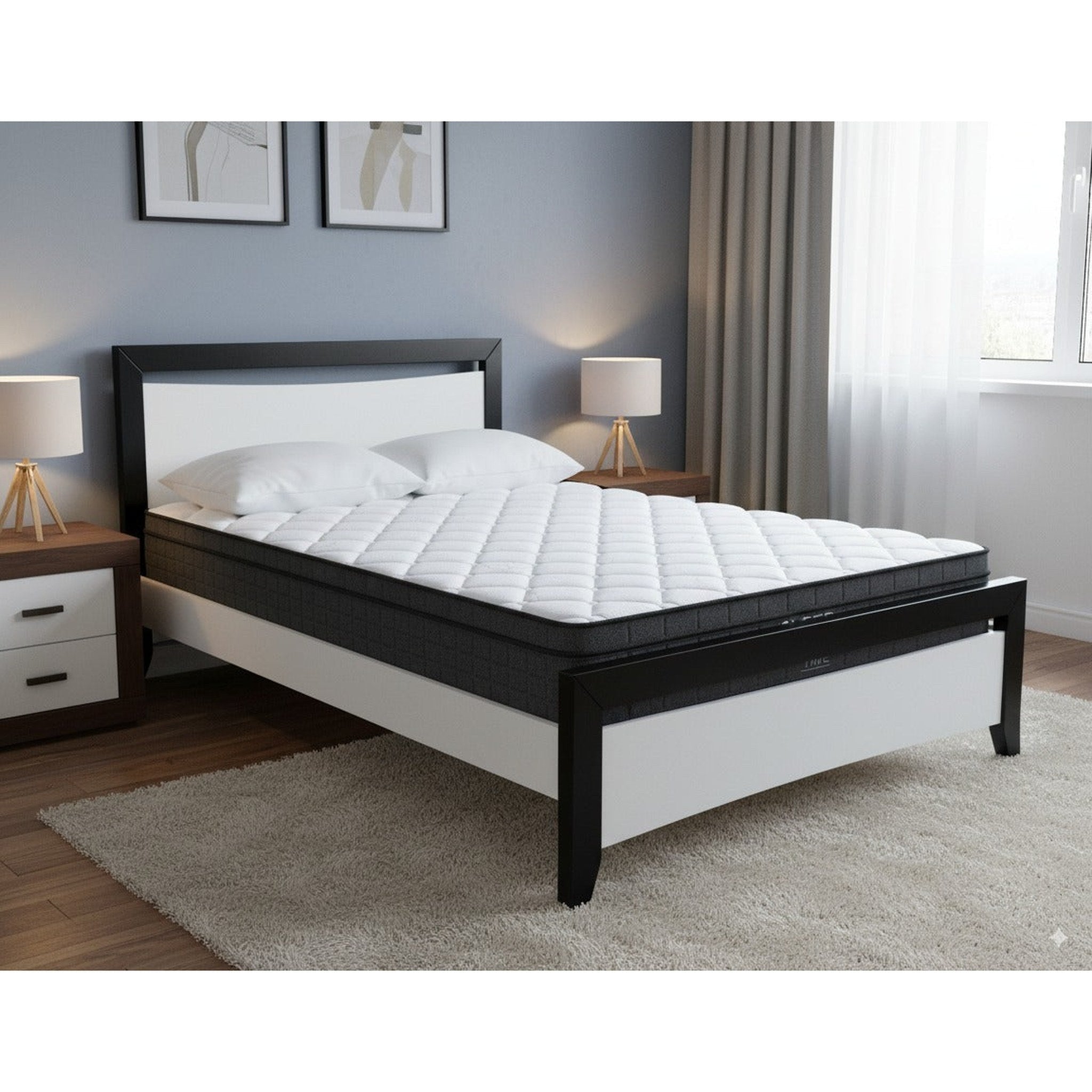 Maverick Bed Frame (Black/White) + SleepTime Ultra Mattress Queen - Detail View | Furniture World NZ