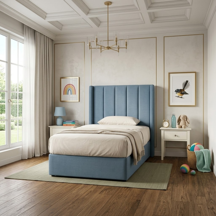 Theo King Single Chambray Blue Fully Upholstered Bed