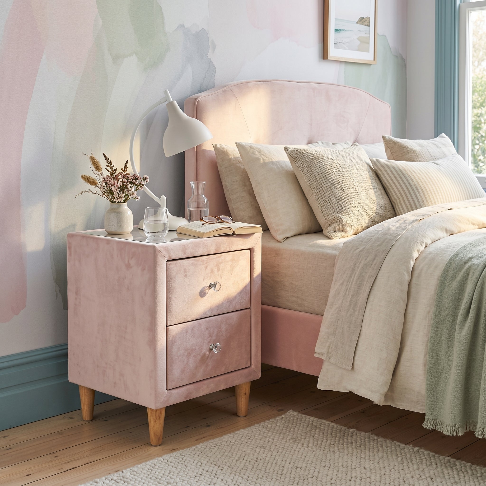 Vireo Fabric Bedside Table – Pink | Furniture World NZ