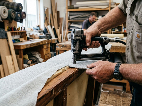 Furniture World upholstery craftsman re-covering a sofa in our Auckland factory