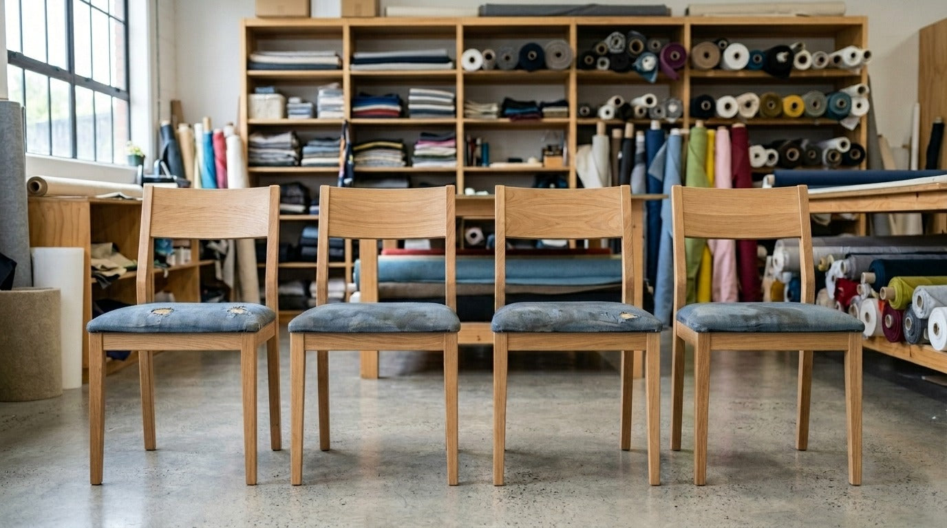Worn dining chairs before upholstery repair