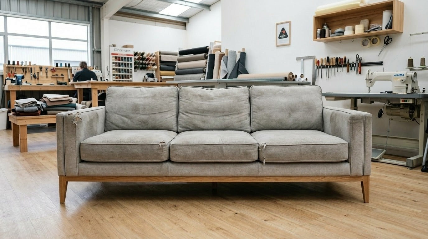 Worn damaged sofa before upholstery repair